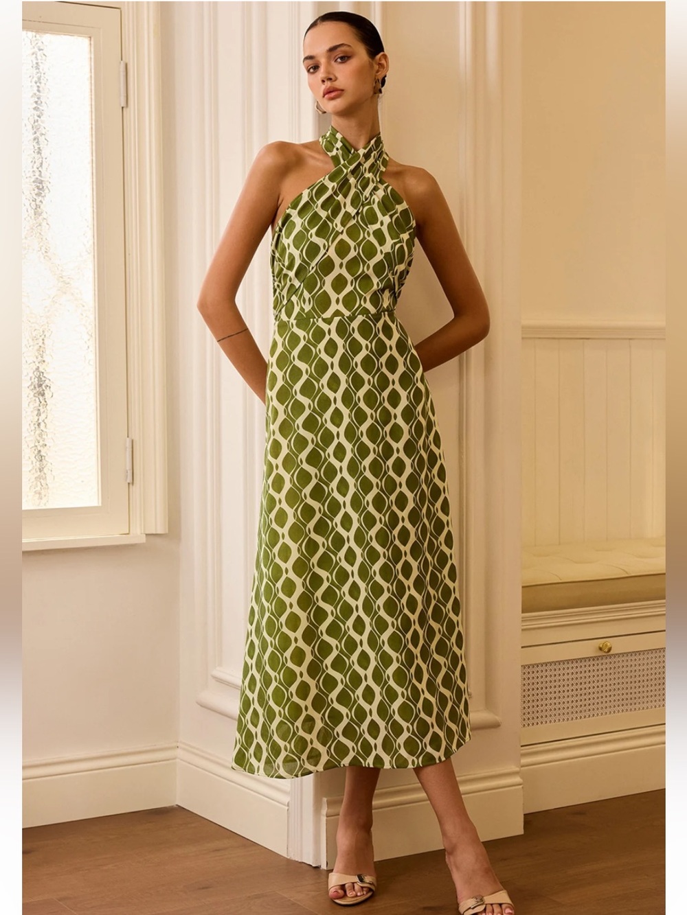 NWT Commense Halter Neck Green Printed Geometric Halter Midi Dress